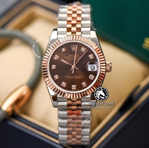 Đồng Hồ Rolex Datejust 31mm 278271-0028 Rep 1:1 Chế Tác Vỏ Bọc Vàng 18K Mặt Nâu Chocolate Cọc Số Đính Đá Dây Kim Loại