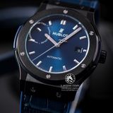 Đồng Hồ Hublot Classic Fusion 42mm Rep 1:1 Chế Tác Vỏ Đen Mặt Số Xanh Dương Chải Tia Dây Cá Sấu 542.CM.7170.LR