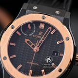 Đồng Hồ Hublot Classic Fusion 42mm Rep 1:1 Chế Tác Vỏ Vàng Hồng Ceramic Mặt Số Đen Carbon Dây Da Cá Sấu 542.CO.1780.LR