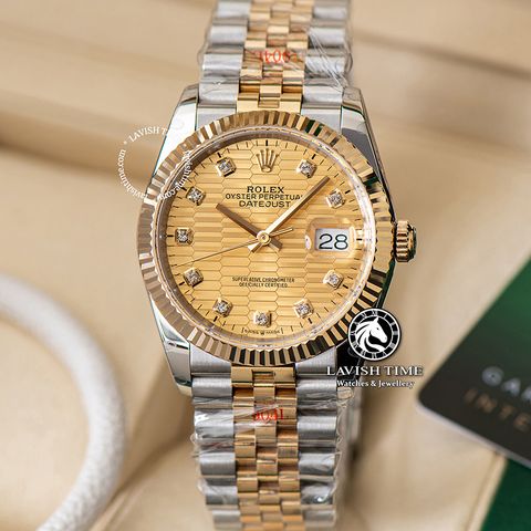 Đồng Hồ Rolex Datejust 36mm 126233-0045 Rep 1:1 Chế Tác Vỏ Bọc Vàng Mặt Gấp Nếp Vàng Cọc Số Đính Đá Dây Kim Loại Jubilee