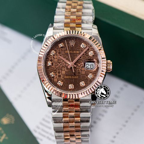 Đồng Hồ Rolex Datejust 36mm 126231-0025 Rep 1:1 Chế Tác Vỏ Demi Bọc Vàng Mặt Vi Tính Nâu Cọc Số Đính Đá Dây Kim Loại Jubilee