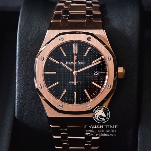 Đồng Hồ Audemars Piguet Royal Oak 15400OR.OO.1220OR.01 Rep 1:1 Vỏ Vàng Hồng Mặt Đen Dây Kim Loại