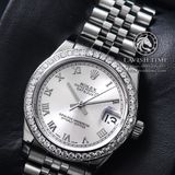 Đồng Hồ Rolex Datejust 31mm 178274 Rep 1:1 Chế Tác Vỏ Bạc Niềng Bezel Đính Đá Mặt Bạc Cọc Số La Mã Dây Kim Loại