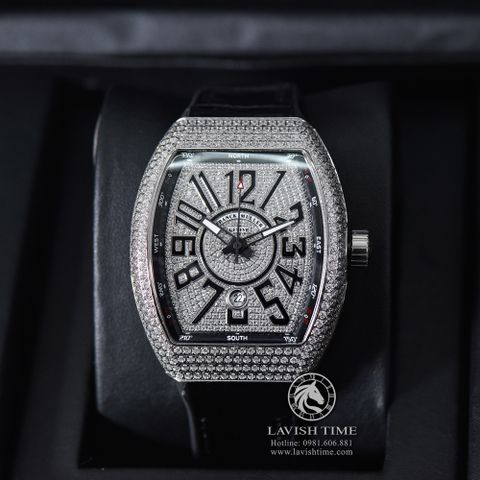 Đồng Hồ Franck Muller Vanguard Yachting V45 Rep 1:1 Chế Tác Vỏ Bạc Đính Đá Mặt Bạc Đính Đá Dây Da