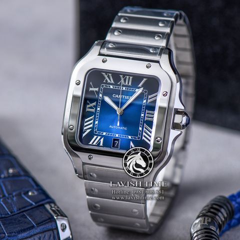 Đồng Hồ Cartier Santos De Cartier 40mm WSSA0030 Rep 1:1 Chế Tác Vỏ Bạc Mặt Xanh Dương Dây Kim Loại