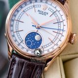 Đồng Hồ Rolex Cellini Moonphase 39mm 50535-0002 Rep 1:1 Chế Tác Vỏ Vàng Hồng Mặt Trắng Cọc Số Vạch Dây Da