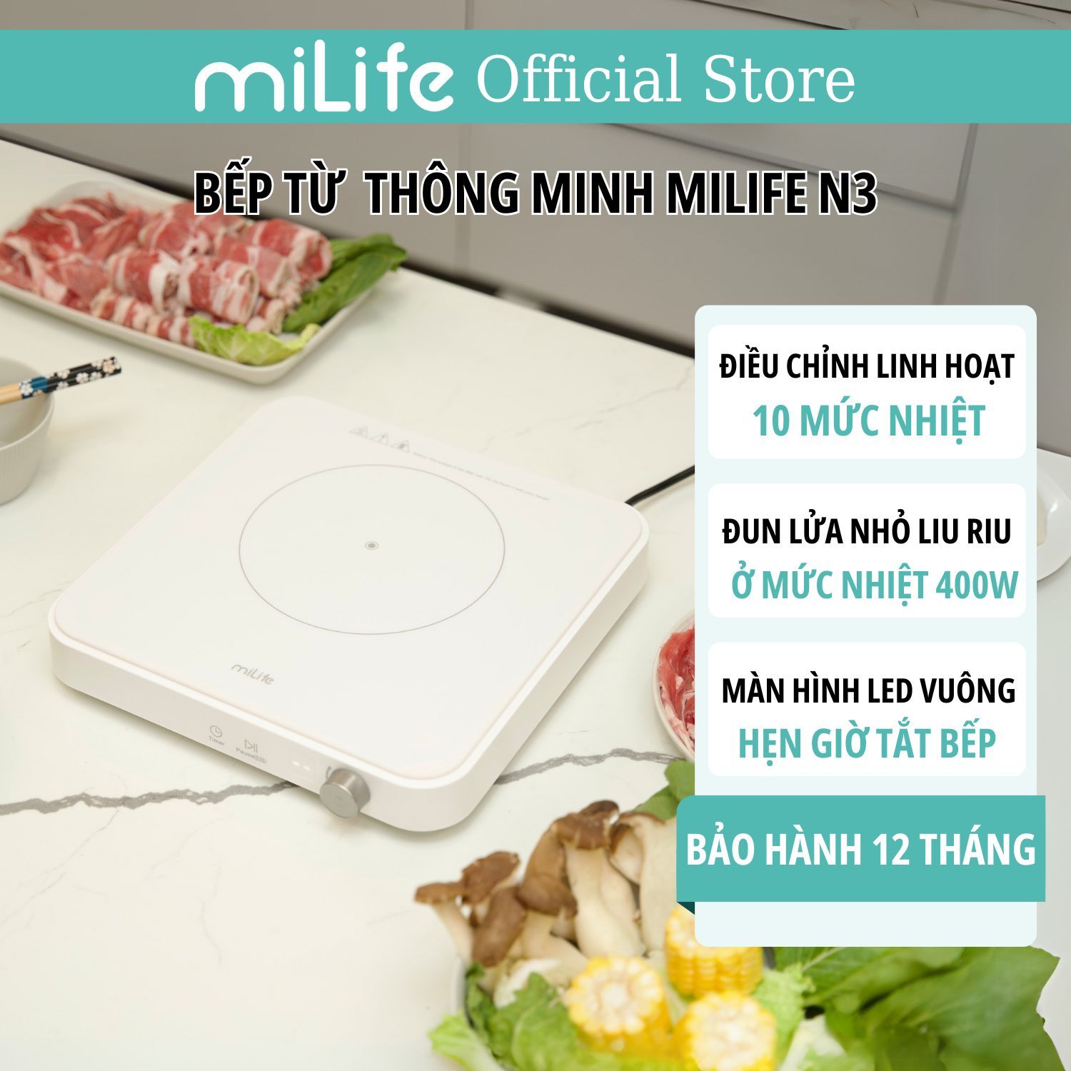 Bếp từ 10 mức nhiệt miLife Youth Lite N3 vuông công suất 2100W đun liu riu hẹn giờ tắt bếp - Bảo hành 12 tháng