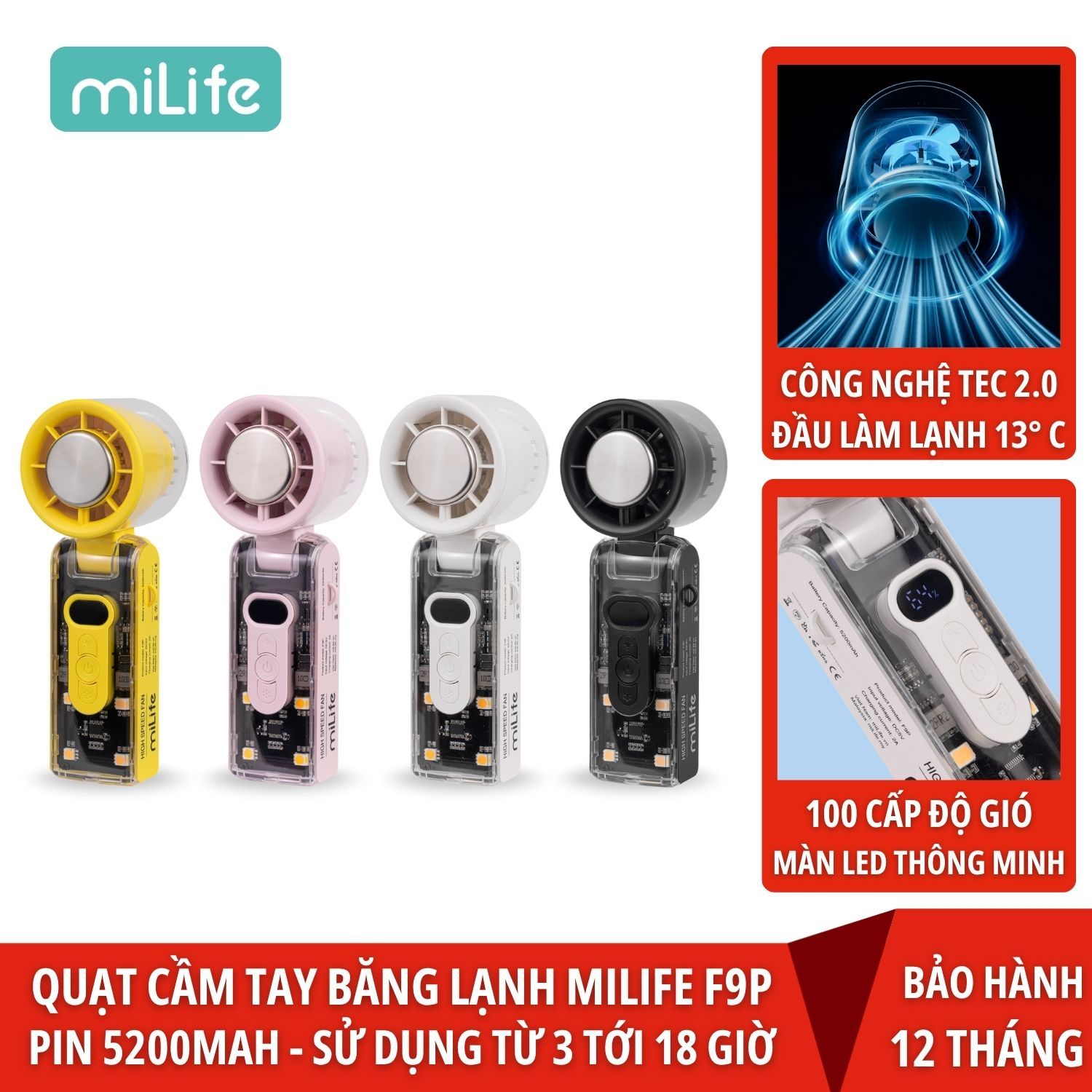 Quạt sò lạnh cầm tay miLife F3P pin 4000mAh - Có dây đeo cổ gập được, 100 cấp độ gió