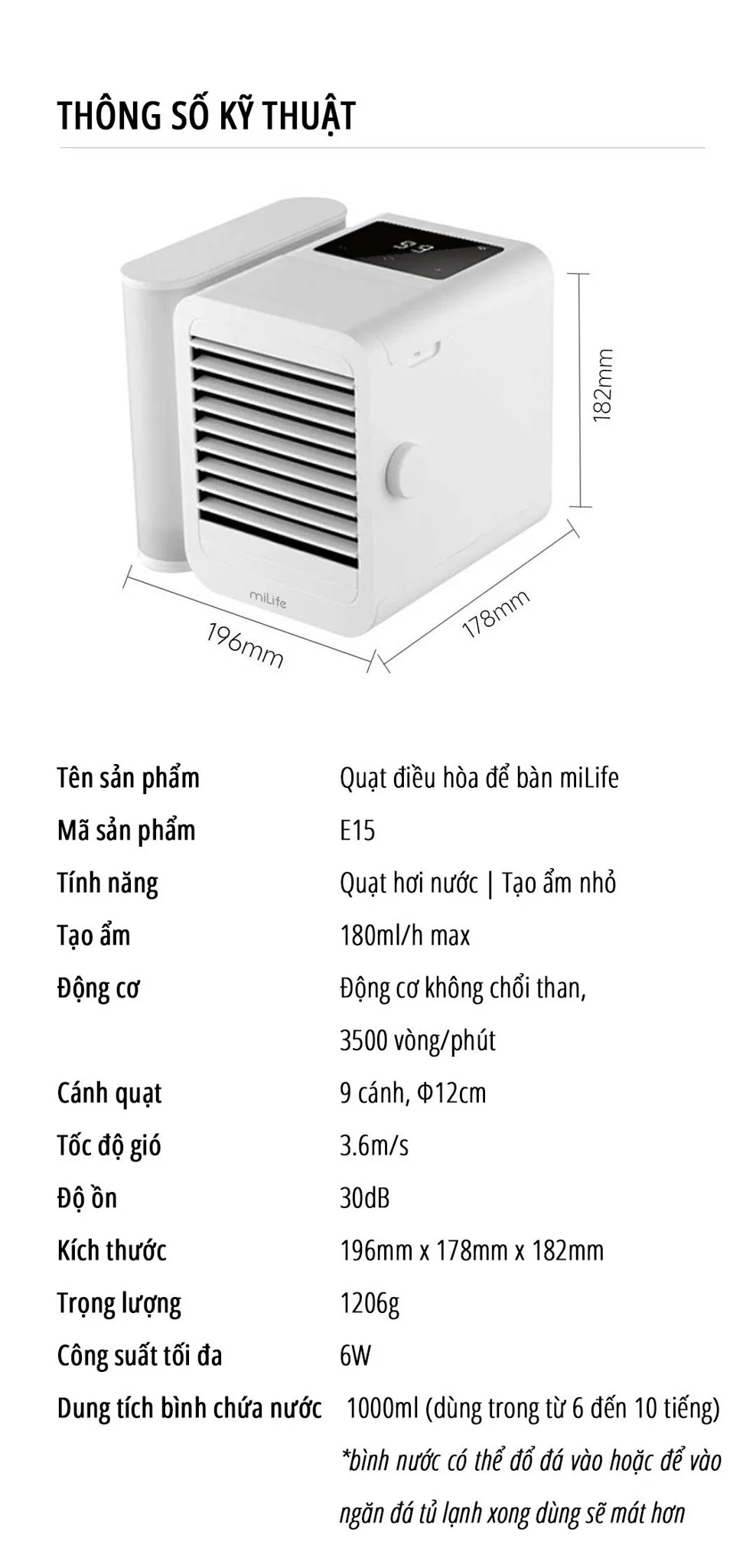 Quạt điều hòa để bàn mini miLife E15 quạt 12cm, 9 cánh, bình nước 1L - Bảo hành 12 tháng