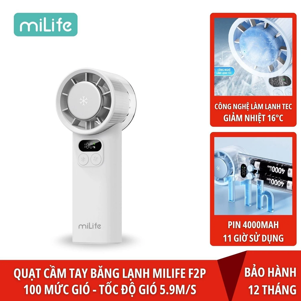 Quạt sò lạnh cầm tay miLife F2P pin 4000mAh - Màn hình led hiển thị 100 cấp độ gió