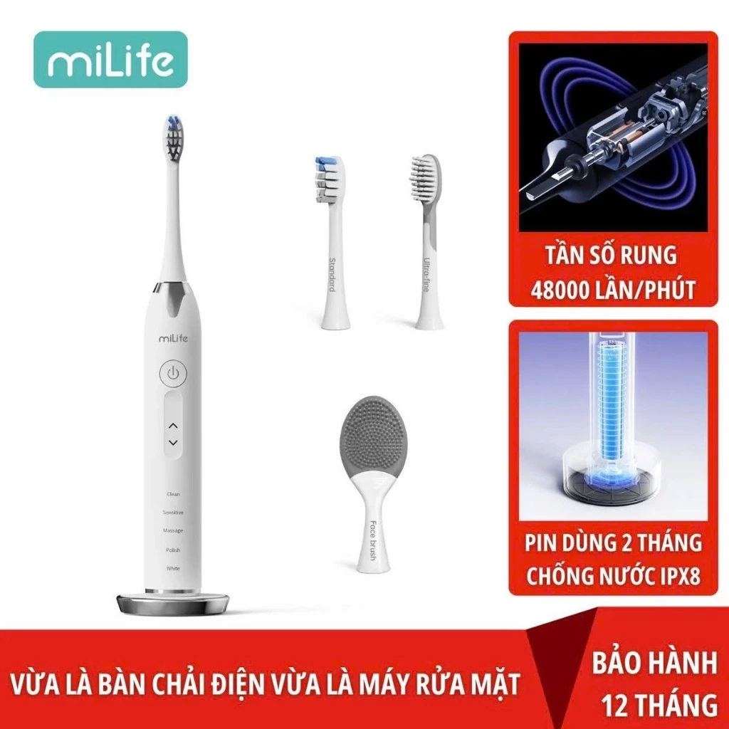 Bàn chải điện thông minh milife tích hợp máy rửa mặt model AHM01 - Bảo hành 12 tháng