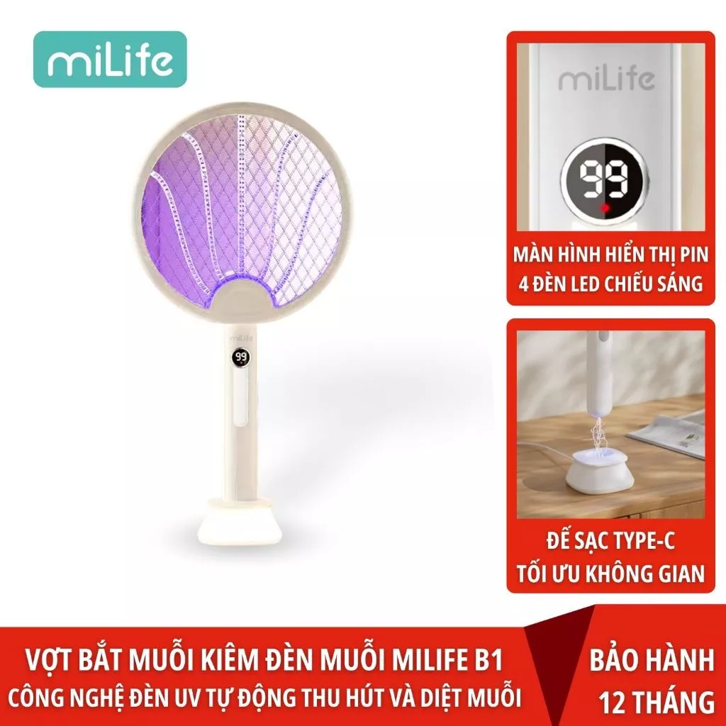 Vợt bắt muỗi tự động miLife B1 gấp gọn thông minh có 3 lớp lưới an toàn khi sử dụng, kiêm đèn bắt muỗi