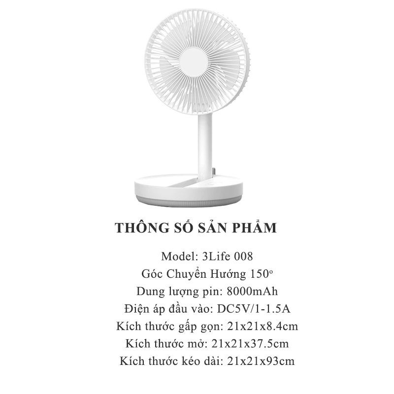 Quạt tích điện gấp gọn để bàn Guzi 3Life 008 pin 8000mAh - Bảo hành 12 tháng