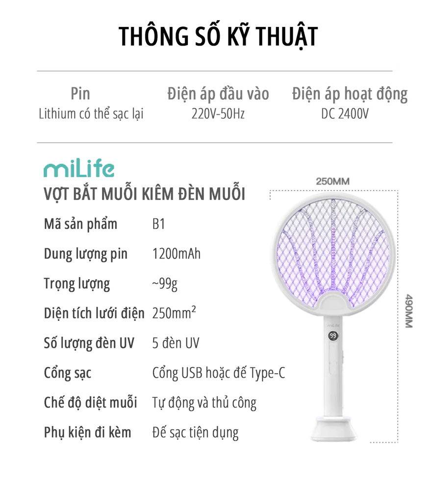 Vợt bắt muỗi tự động miLife B1 gấp gọn thông minh có 3 lớp lưới an toàn khi sử dụng, kiêm đèn bắt muỗi