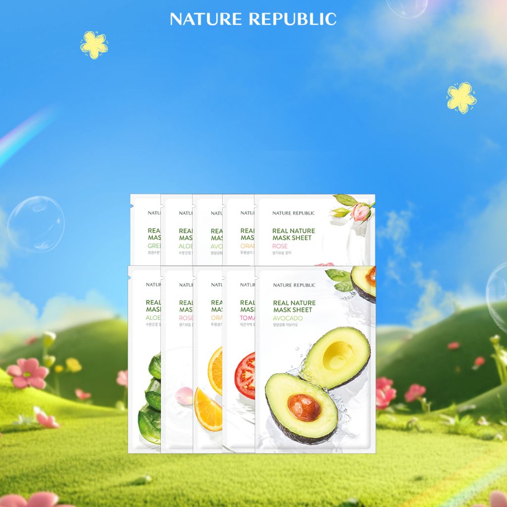 Combo mix ngẫu nhiên 10 mặt nạ Nature Republic hỗ trợ cấp ẩm, làm dịu, phục hồi và đều màu da Real Nature 23ml
