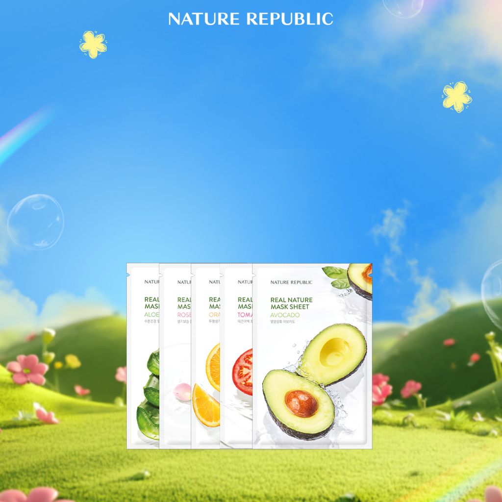 Combo mix ngẫu nhiên 5 mặt nạ Nature Republic hỗ trợ cấp ẩm, làm dịu, phục hồi và đều màu da Real Nature 23ml