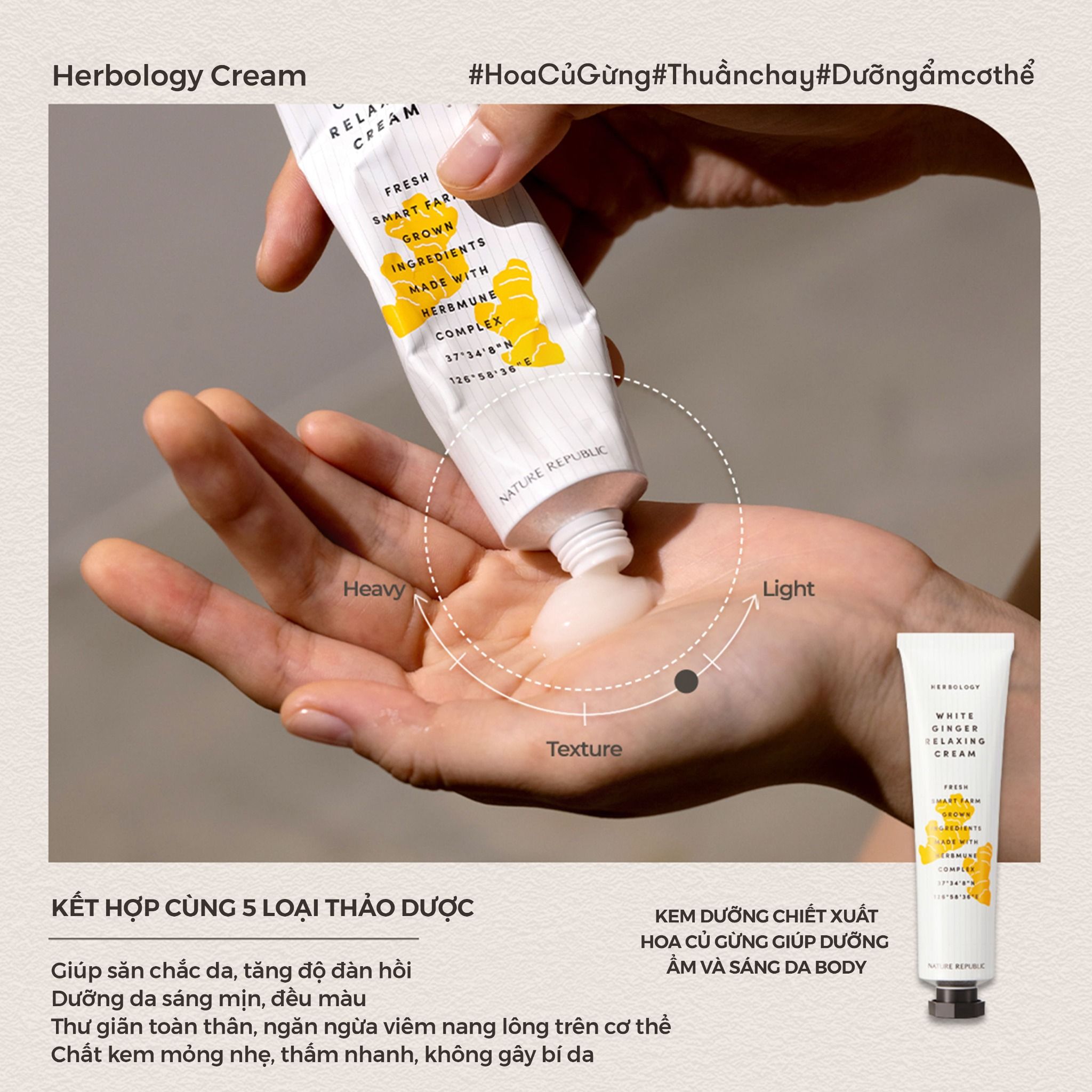 Kem dưỡng BODY Nature Republic Herbology White Ginger Relaxing Cream 70ml (date tháng 10.2025)