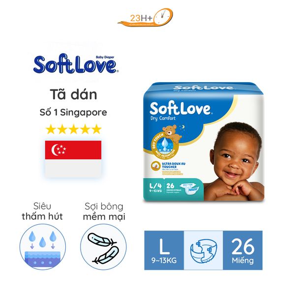 Bỉm TÃ Dán Cho Bé Softlove Size L26 23h.shop Nhập Khẩu Singapore Thiết Kế 2 Lớp Chống Tràn Siêu Mỏng Thấm Hút Tốt