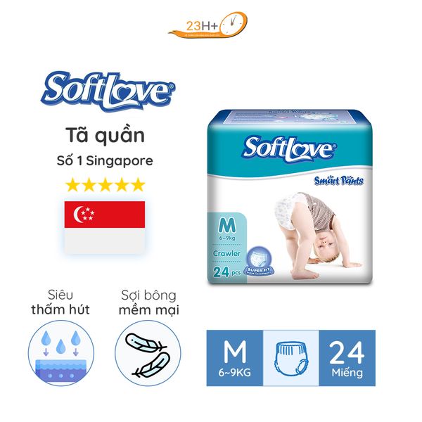 Bỉm TÃ Quần Cho Bé Softlove Size M24 23h.shop Nhập Khẩu Singapore Thiết Kế 2 Lớp Chống Tràn Siêu Mỏng Thấm Hút Tốt