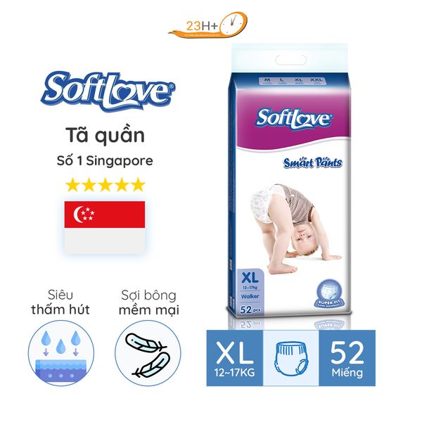 Bỉm TÃ Quần Cho Bé Softlove Size XL52 23h.shop Nhập Khẩu Singapore Thiết Kế 2 Lớp Chống Tràn Siêu Mỏng Thấm Hút Tốt