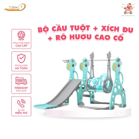 Bộ Cầu Tuột + Xích Đu + Rổ Hưu Cao Cổ - Nhựa Việt Nhật (Màu Xanh)