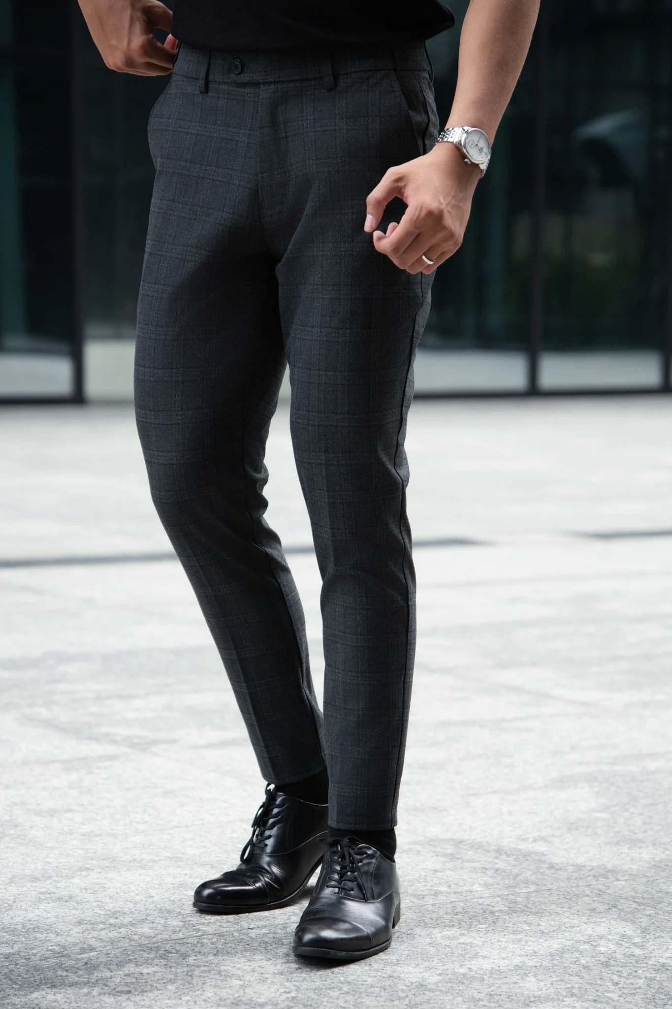 QUẦN TÂY NAM 505-SLIM FIT CARO XÁM LƯNG RÚT CO GIÃN