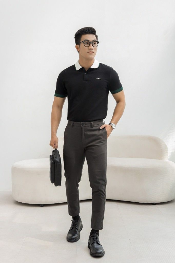 POLO NAM 8851-ĐEN CỔ TRẮNG TAY RÊU