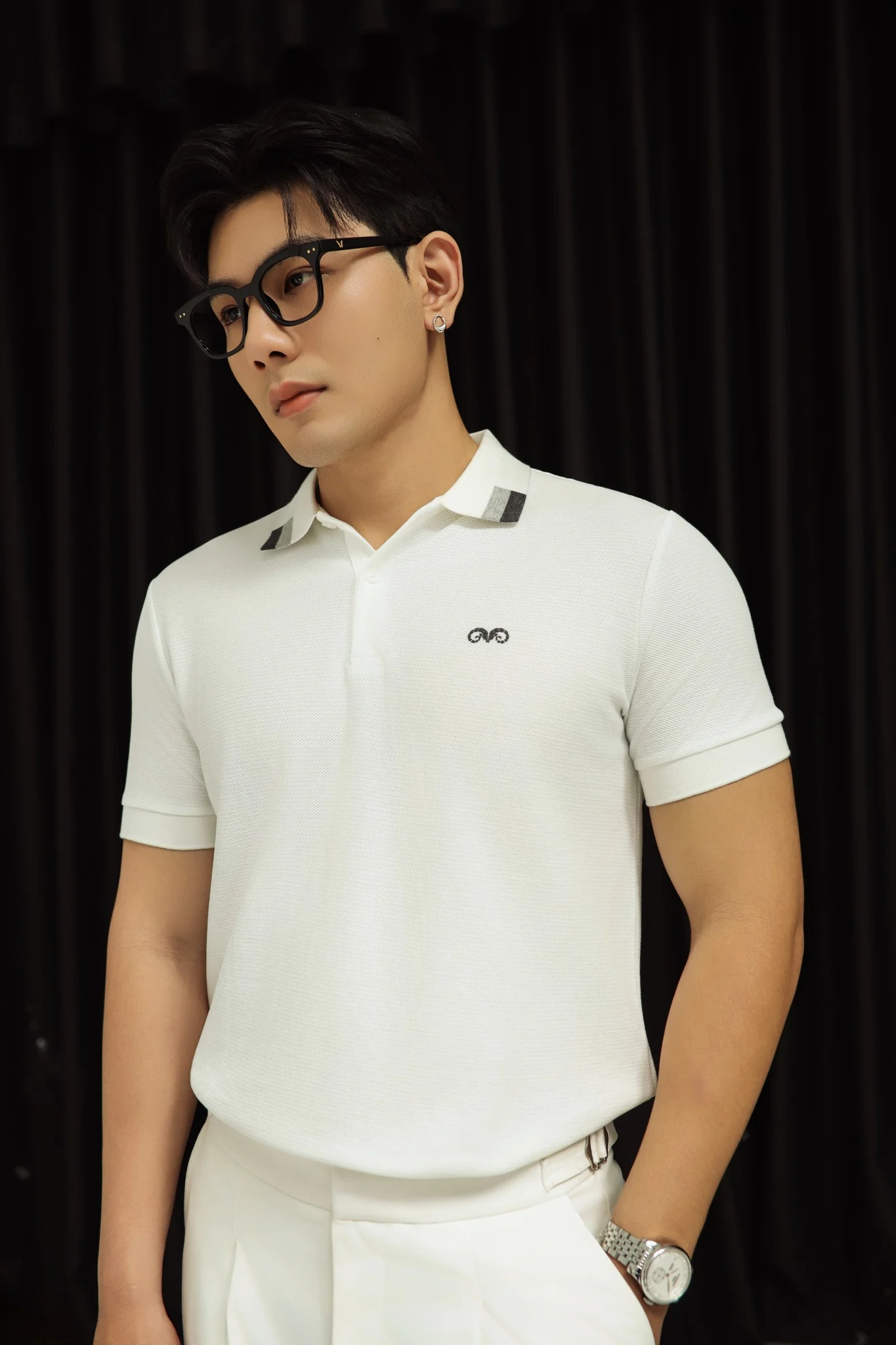 POLO NAM 8865-SLIM FIT TRẮNG GÓC CỔ XÁM