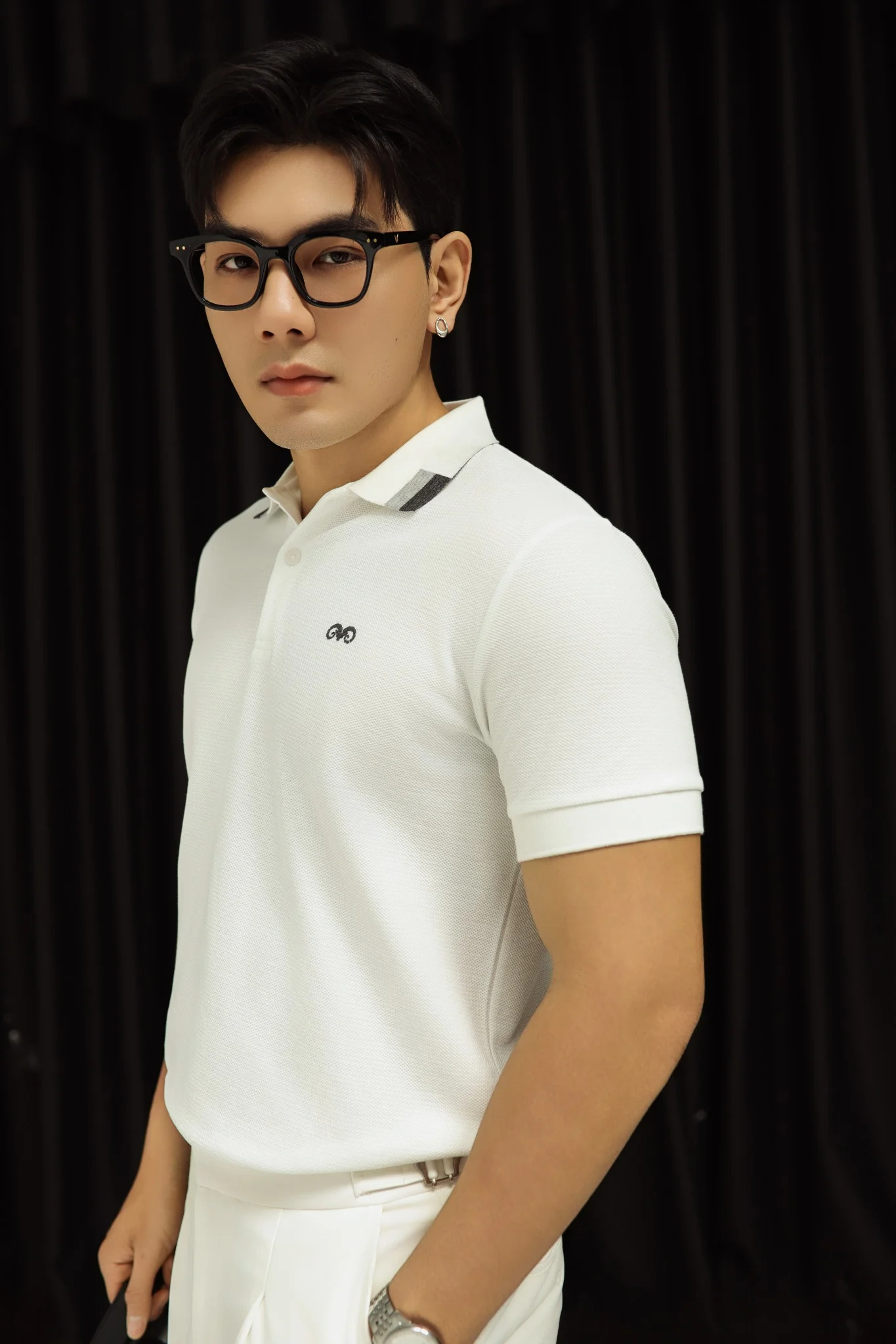 POLO NAM 8865-SLIM FIT TRẮNG GÓC CỔ XÁM
