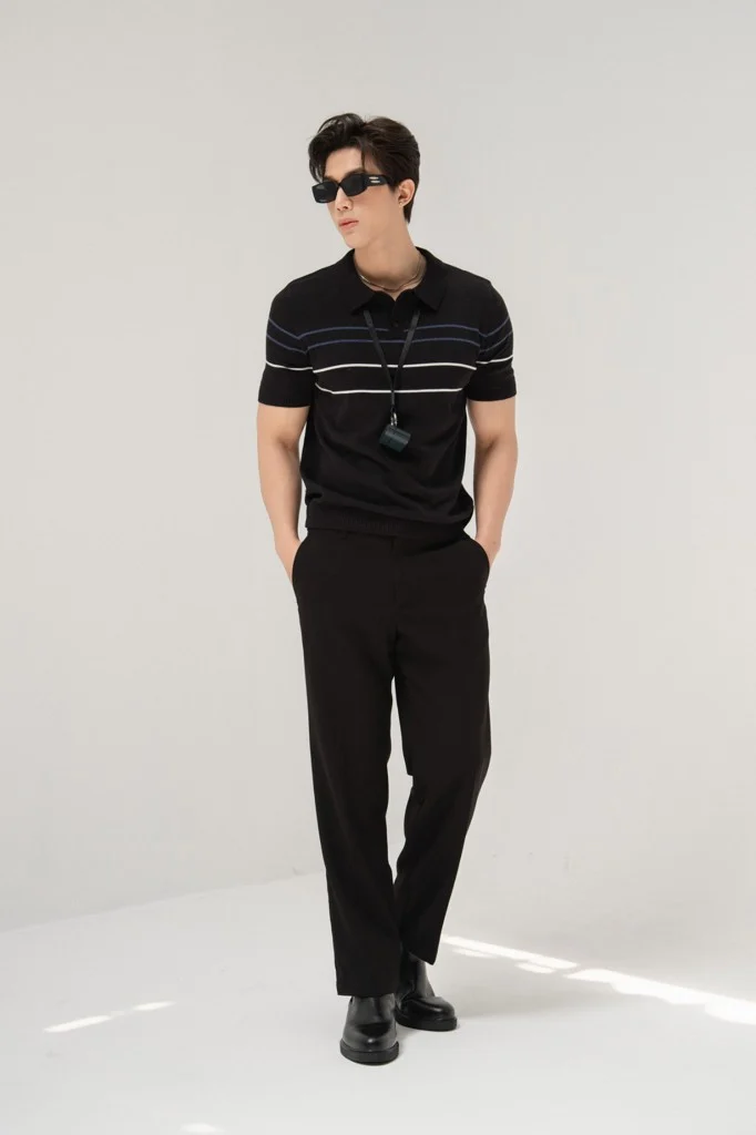 POLO NAM DỆT KIM N715-REGULAR FIT ĐEN CHỈ TRẮNG