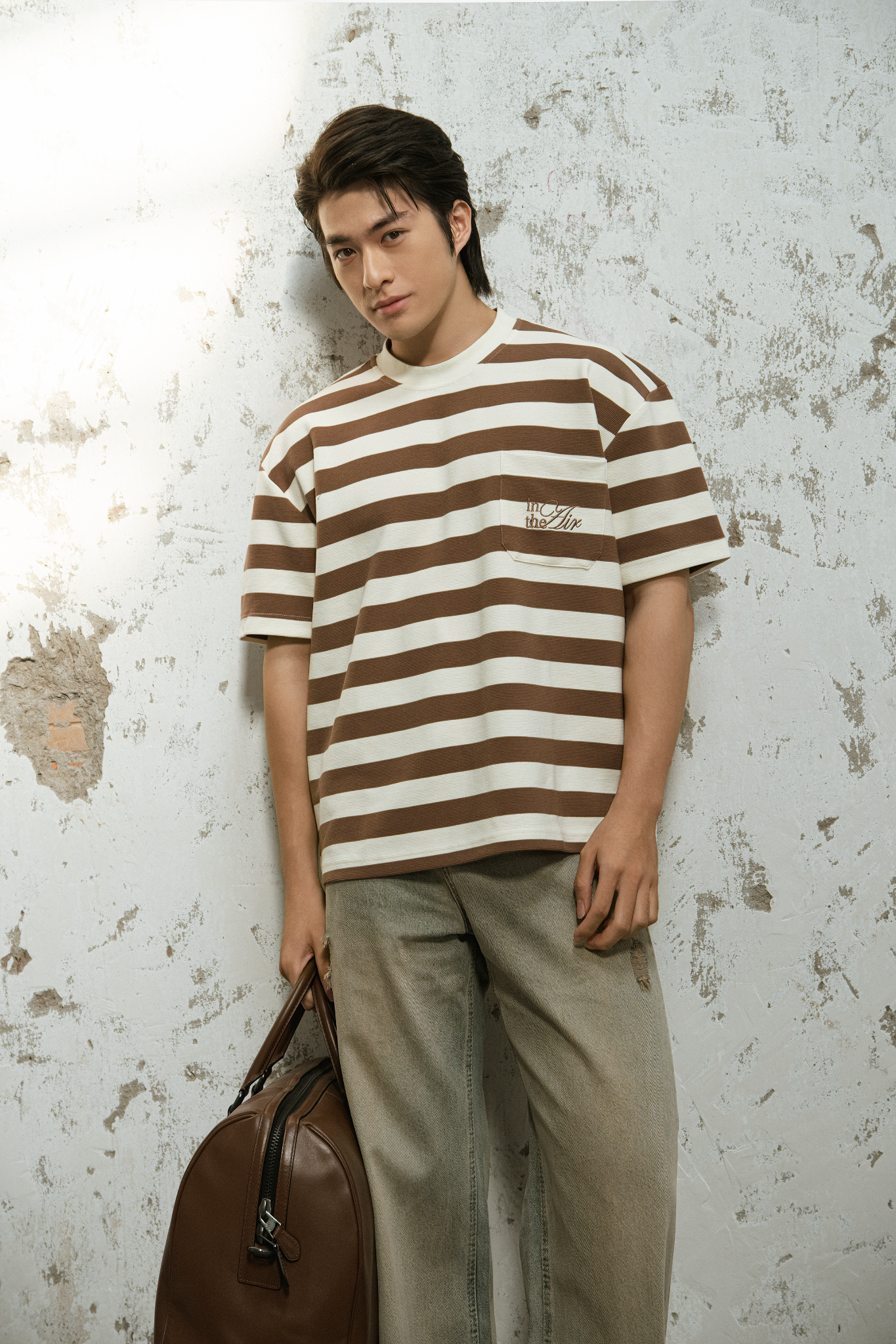 ÁO THUN NAM HT01-LOOSE FIT KEM SỌC NÂU