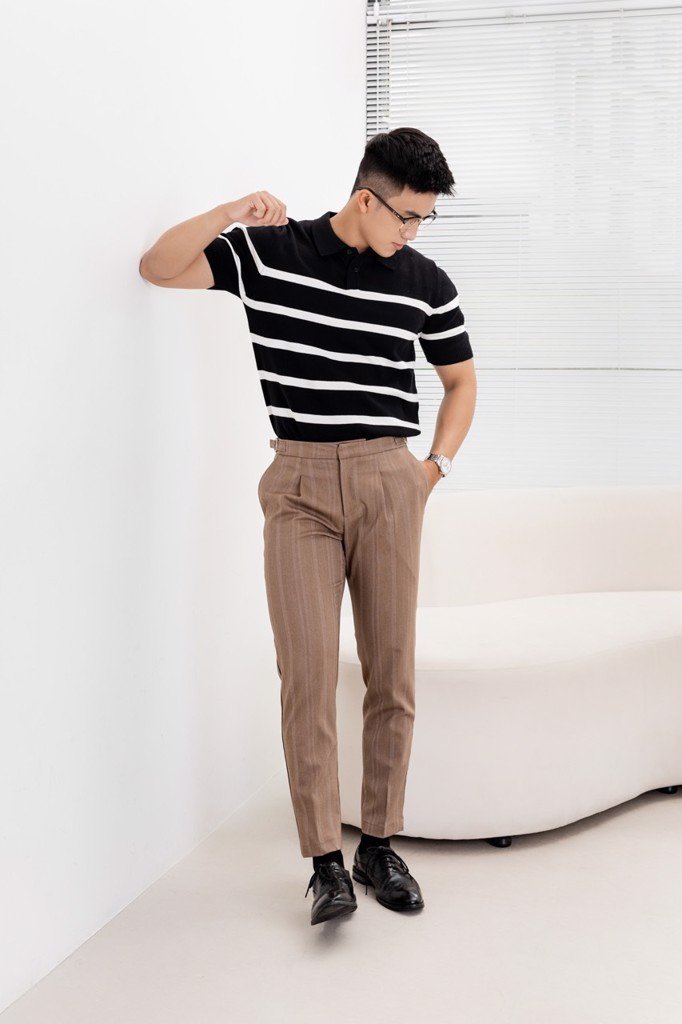 POLO NAM DỆT KIM N710-REGULAR FIT ĐEN SỌC TRẮNG
