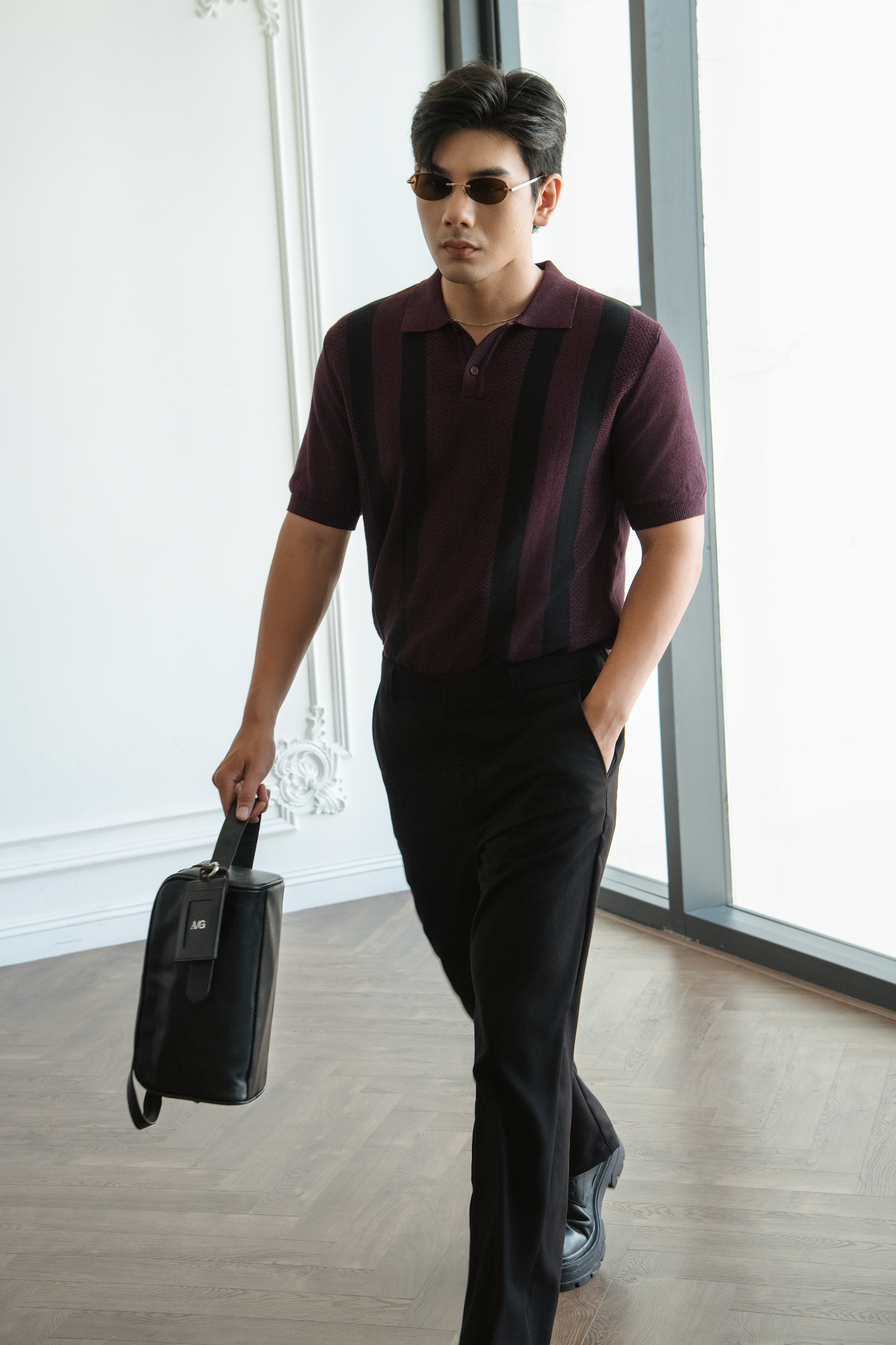 POLO NAM DỆT KIM N729-REGULAR FIT ĐỎ ĐÔ SỌC ĐEN