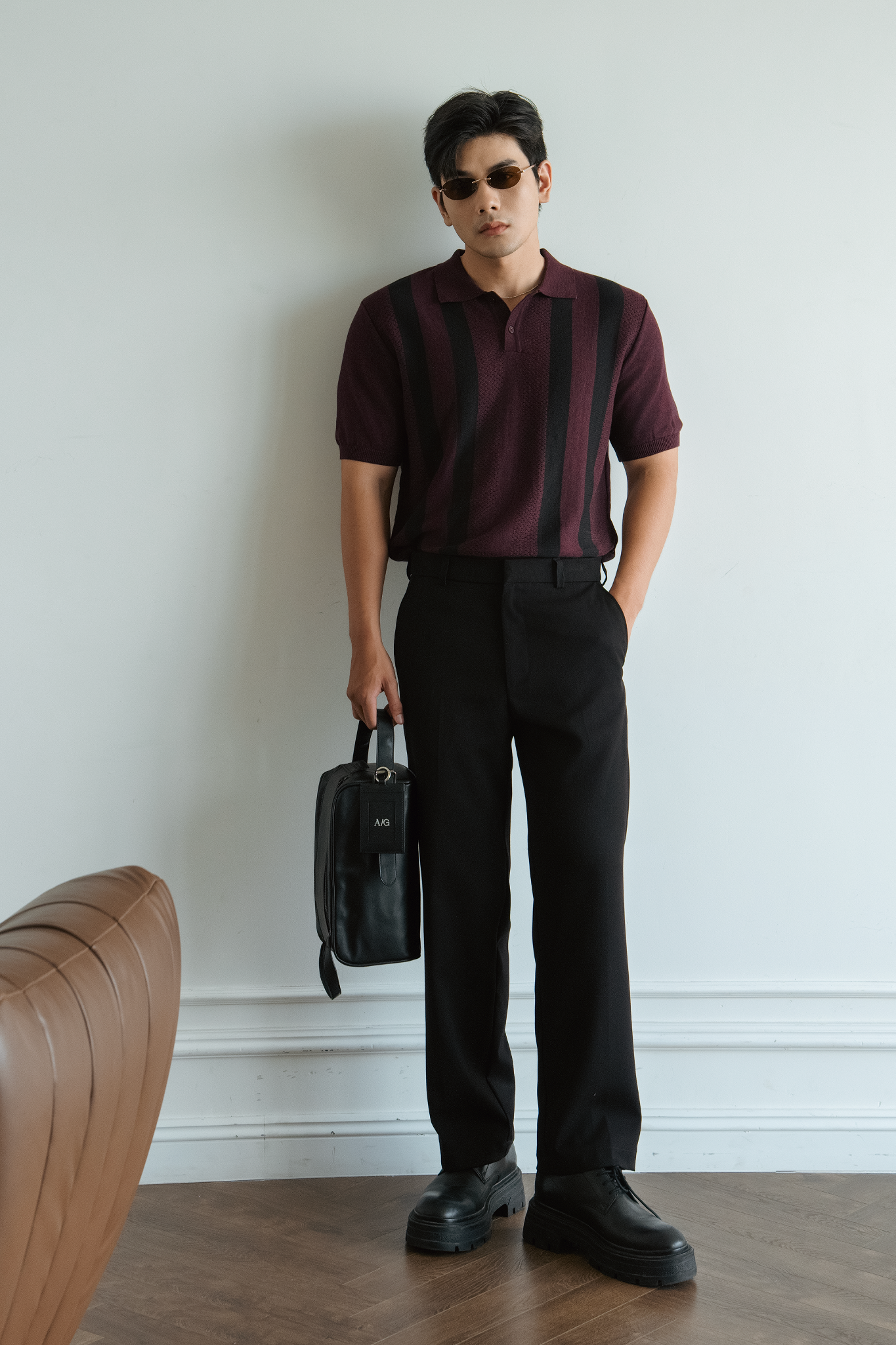 POLO NAM DỆT KIM N729-REGULAR FIT ĐỎ ĐÔ SỌC ĐEN