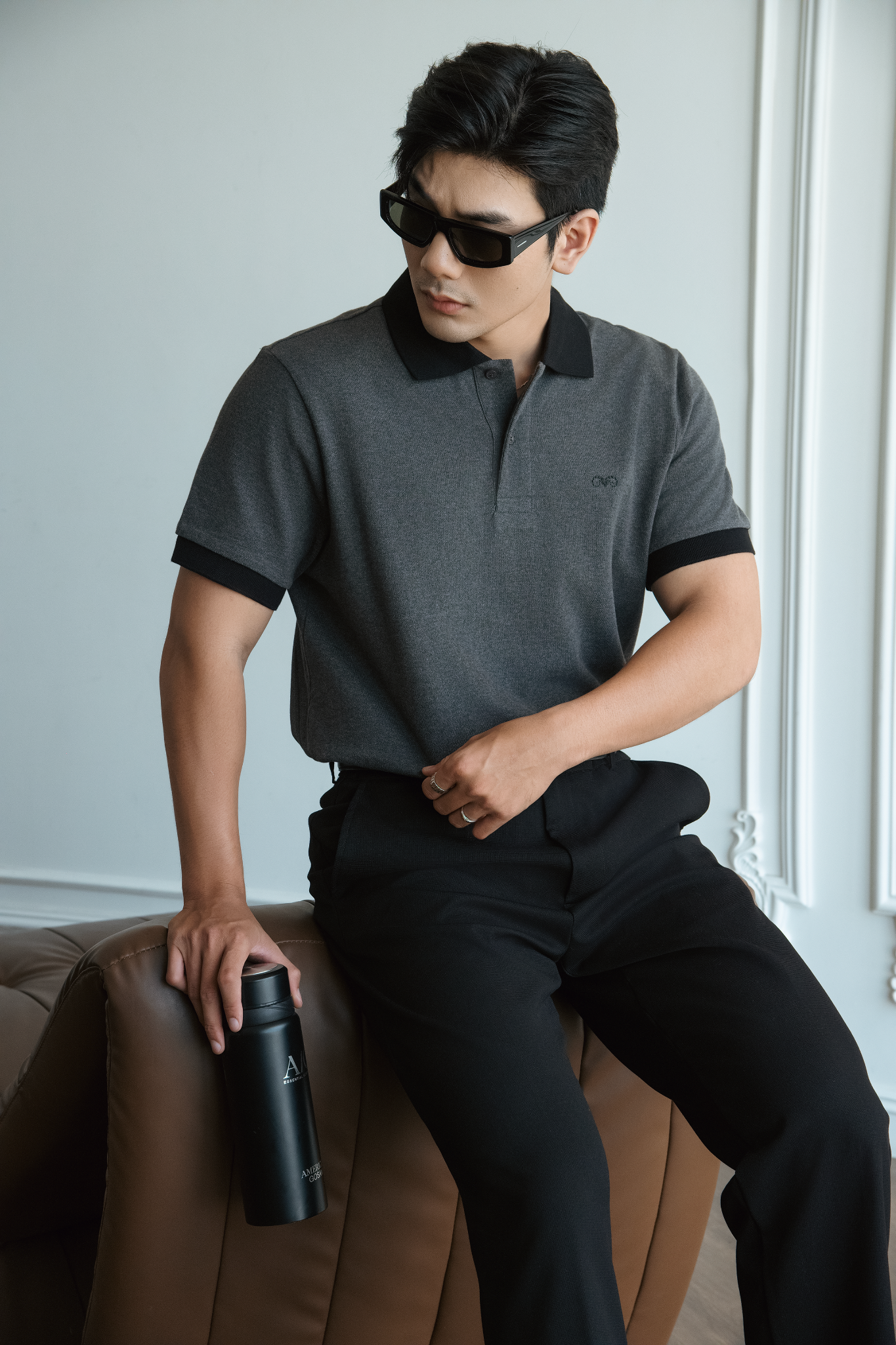 POLO NAM PP005-REGULAR FIT XÁM CỔ ĐEN