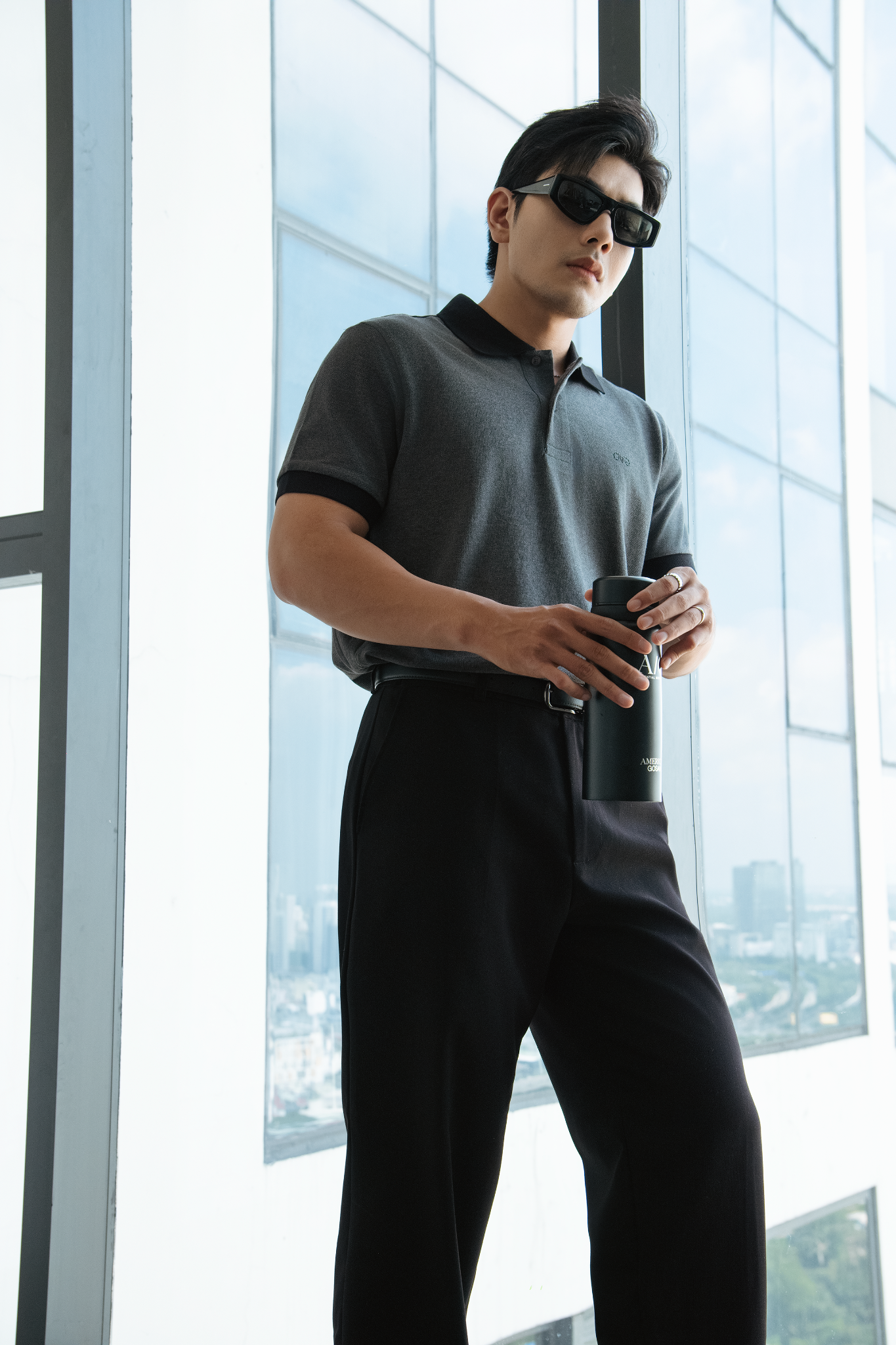 POLO NAM PP005-REGULAR FIT XÁM CỔ ĐEN
