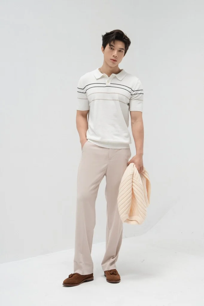 POLO NAM DỆT KIM N715-REGULAR FIT TRẮNG CHỈ ĐEN