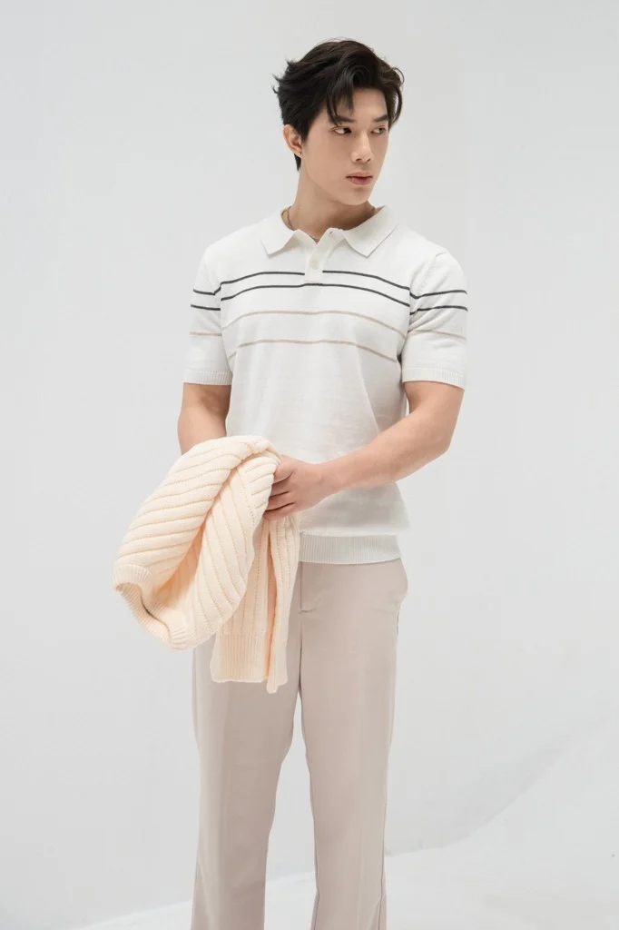 POLO NAM DỆT KIM N715-REGULAR FIT TRẮNG CHỈ ĐEN