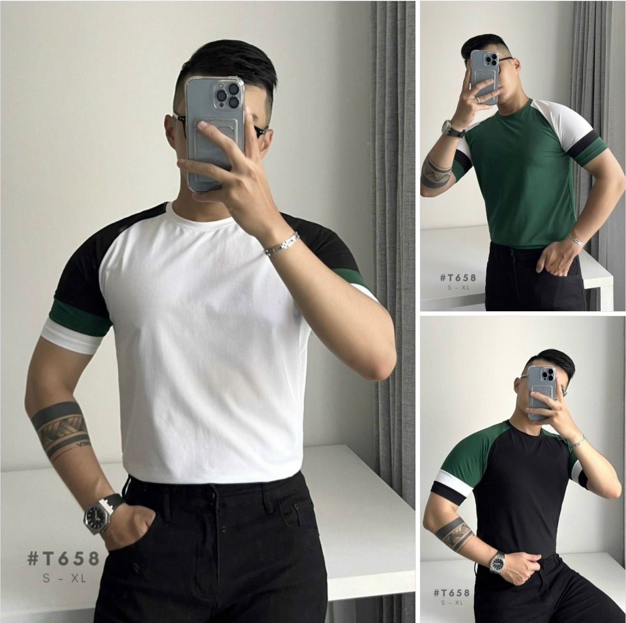 ÁO THUN NAM T658-ĐEN TAY RÊU