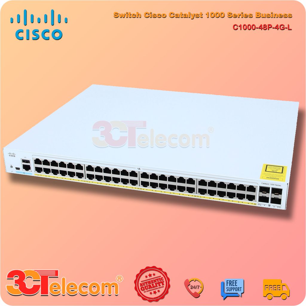 Switch Cisco C1000-48P-4G-L: 48x 10/100/1000 Ethernet PoE+ and 370W PoE budget ports, 4x 1G SFP uplinks