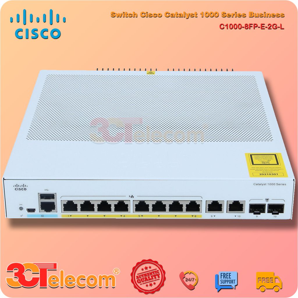 Switch Cisco C1000-8FP-E-2G-L: 8x 10/100/1000 Ethernet PoE+ ports and 120W PoE budget, 2x 1G SFP and RJ-45 combo uplinks, with external PS