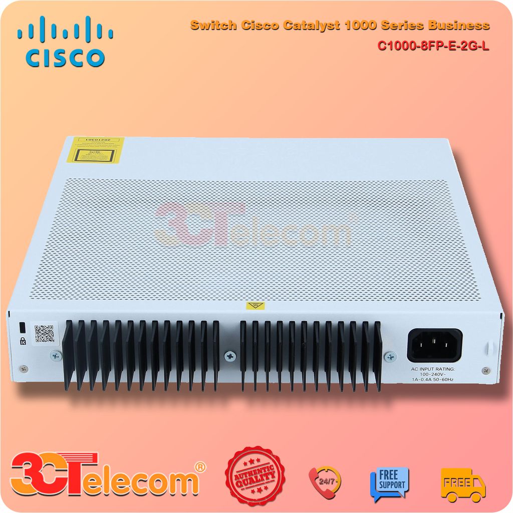 Switch Cisco C1000-8FP-E-2G-L: 8x 10/100/1000 Ethernet PoE+ ports and 120W PoE budget, 2x 1G SFP and RJ-45 combo uplinks, with external PS