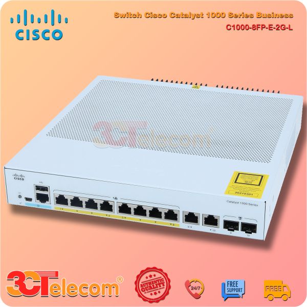 Switch Cisco C1000-8FP-E-2G-L: 8x 10/100/1000 Ethernet PoE+ ports and 120W PoE budget, 2x 1G SFP and RJ-45 combo uplinks, with external PS