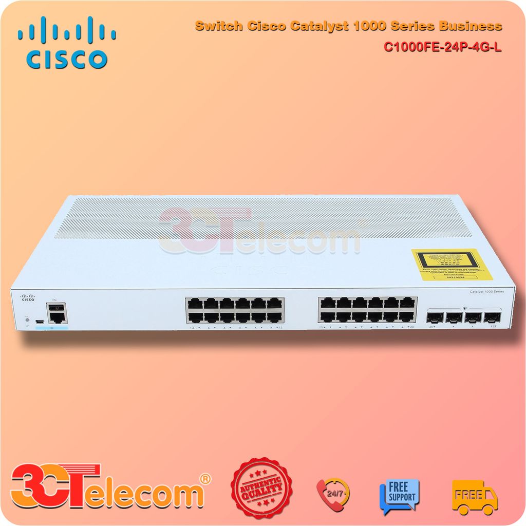 Switch Cisco C1000FE-24P-4G-L: 24x 10/100 Ethernet PoE+ ports and 195W PoE budget, 2x 1GSFP and RJ-45 combo uplinks and 2x 1G SFP uplinks