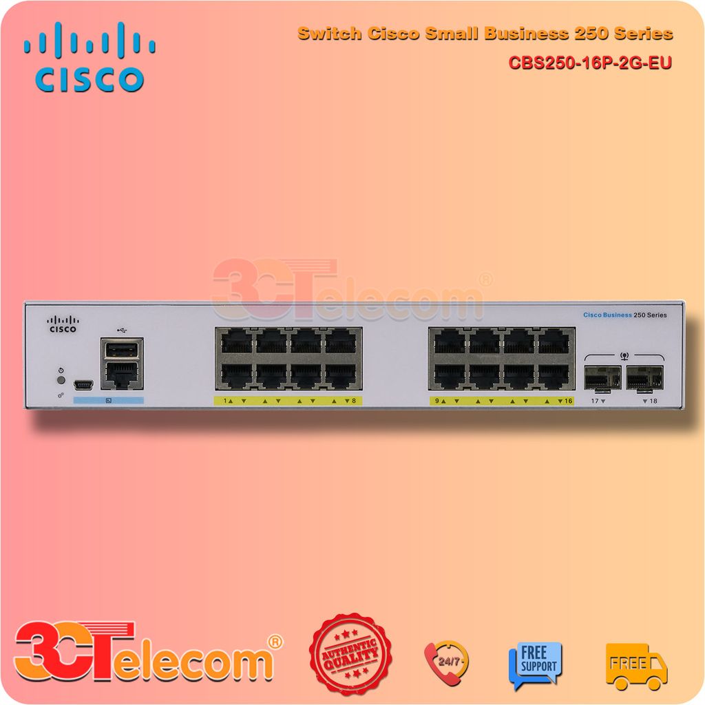 Switch Cisco CBS250-16P-2G-EU: 16-Port 10/100/1000 Mbps PoE+ 120W, 2 Port Gigabit SFP uplink