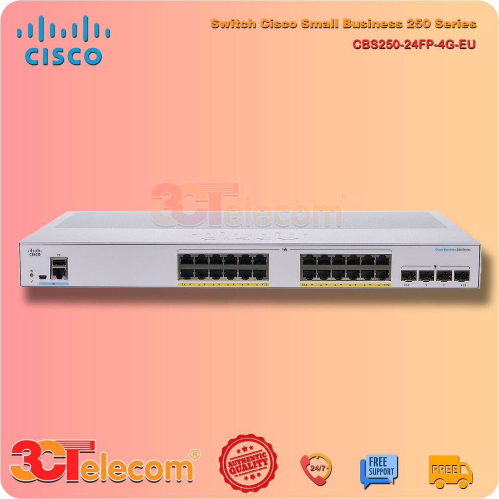 Switch Cisco CBS250-24FP-4G-EU: 24-Port 10/100/1000 Mbps PoE+ 370W, 4 Port Gigabit SFP uplink
