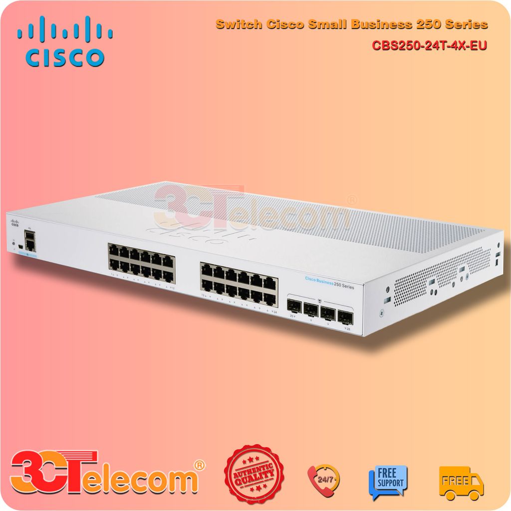 Switch Cisco CBS250-24T-4X-EU: 24-Port 10/100/1000 Mbps, 4 Port 10 Gigabit SFP+ uplink