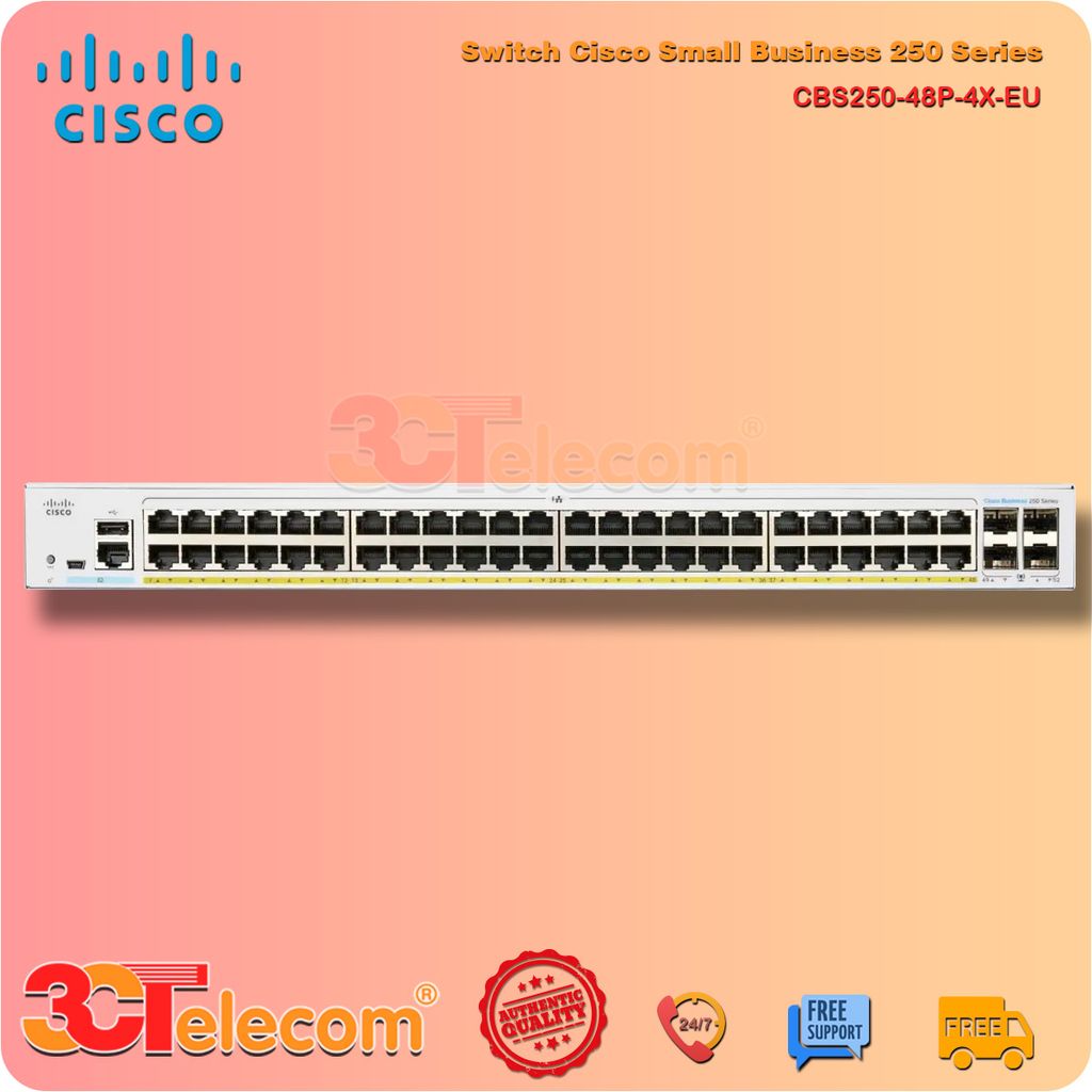 Switch Cisco CBS250 48P 4X EU: 48-Port 10/100/1000 Mbps PoE+ 370W, 4 Port 10 Gigabit SFP+