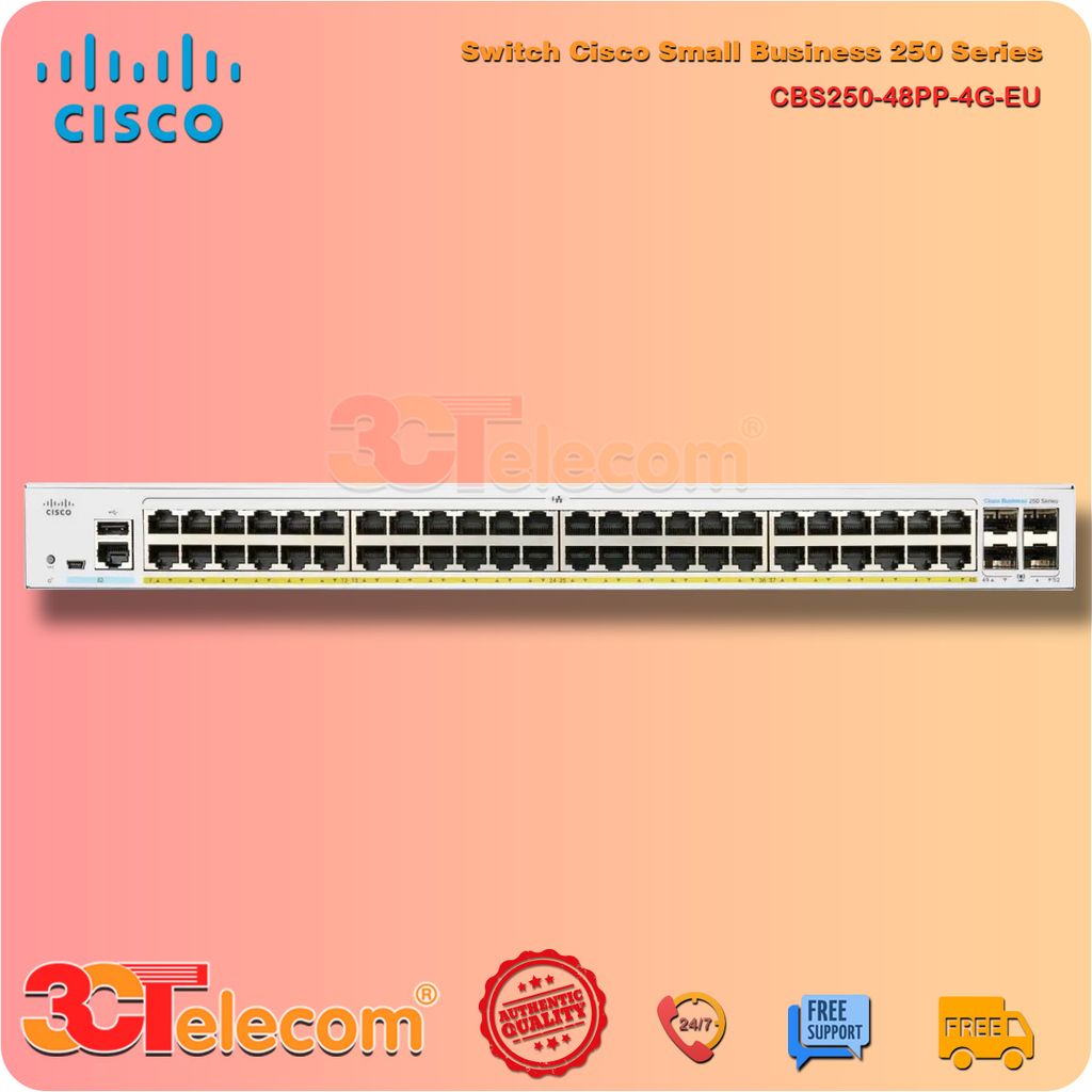 Switch Cisco CBS250-48PP-4G-EU: 48-Port 10/100/1000 Mbps PoE+ 195W, 4 Port Gigabit SFP uplink