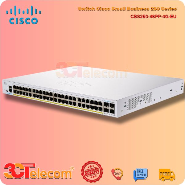 Switch Cisco CBS250-48PP-4G-EU: 48-Port 10/100/1000 Mbps PoE+ 195W, 4 Port Gigabit SFP uplink